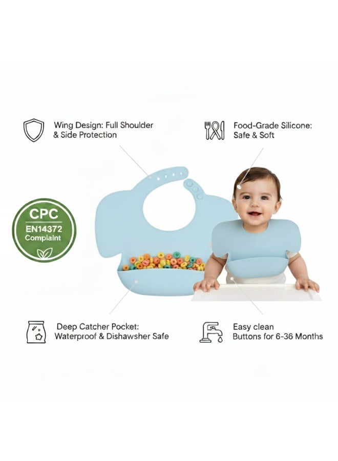 Wing-Style​Wide Food Catcher: A sturdy 3D pocket that stays open to collect crumbs and liquids, keeping the feeding area clean. Silicone Baby Bib for Extra Shoulder Coverage - CPC & EN14372 Certified - 1 Pc - Image 3